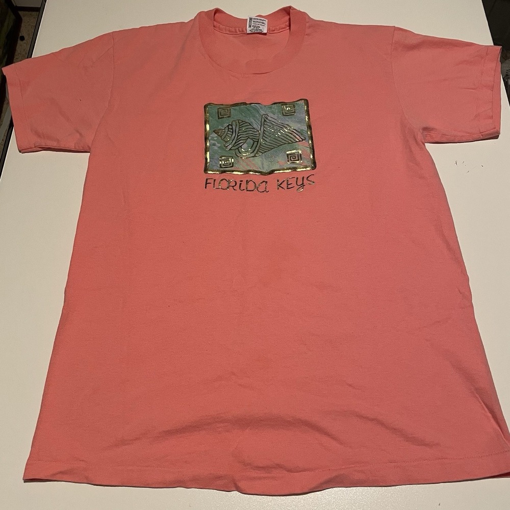 Vintage Florida Keys Single Stitch T Shirt USA Made , Shells, Pink, Large, Anvil